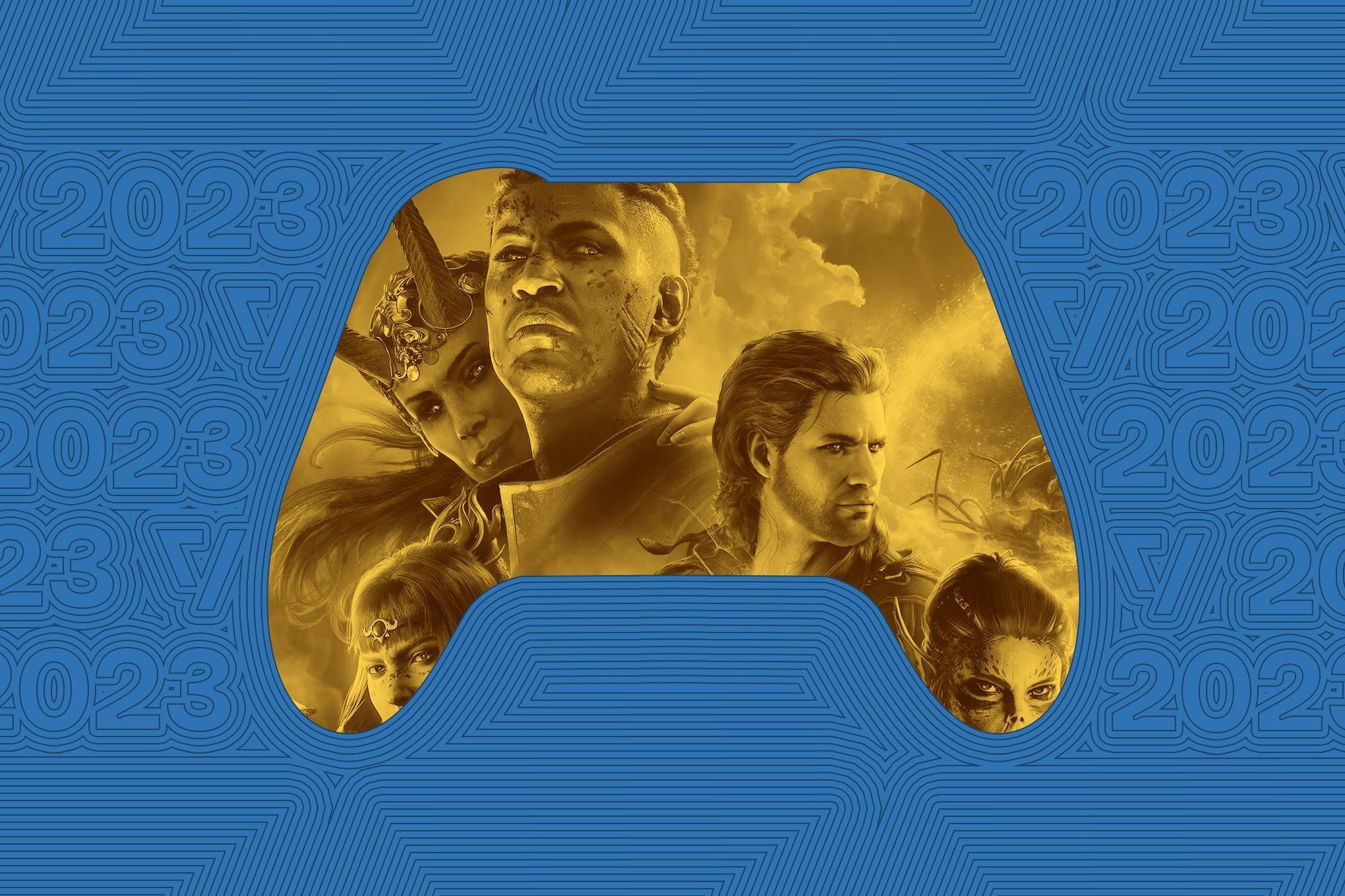 Vector collage featuring art from Baldur’s Gate 3 in the shape of a game controller.